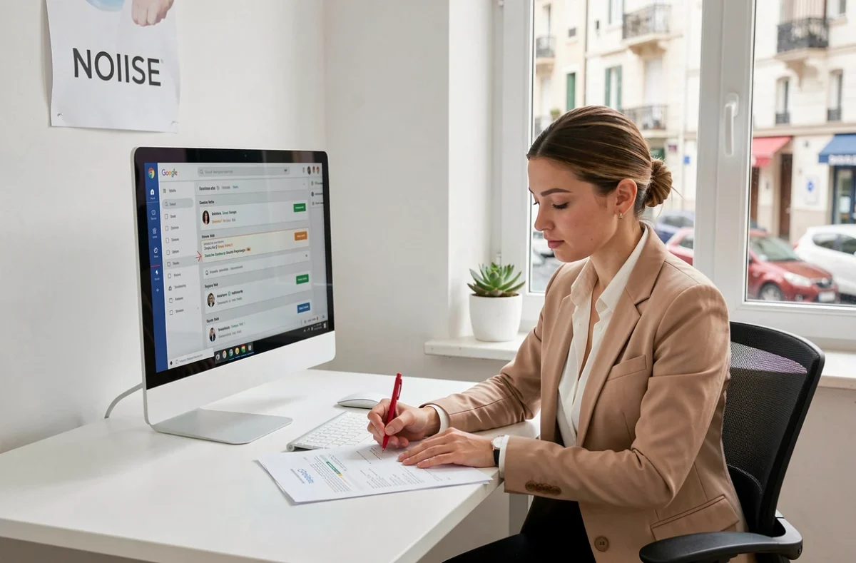 Responsable de campagnes Google Ads de l'agence NOIISE dans son bureau dédié à Marseille annotant des rapports de performance