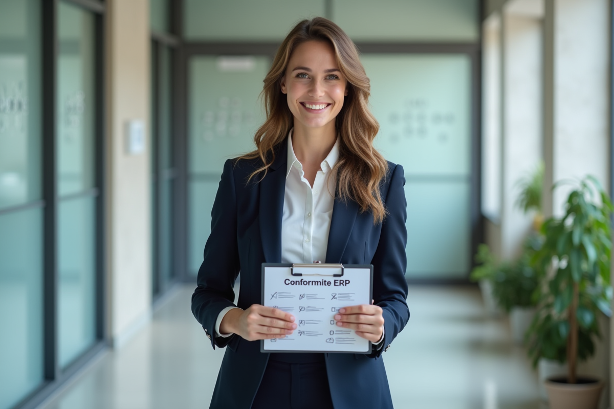 Jeune femme compliance dans un couloir professionnel