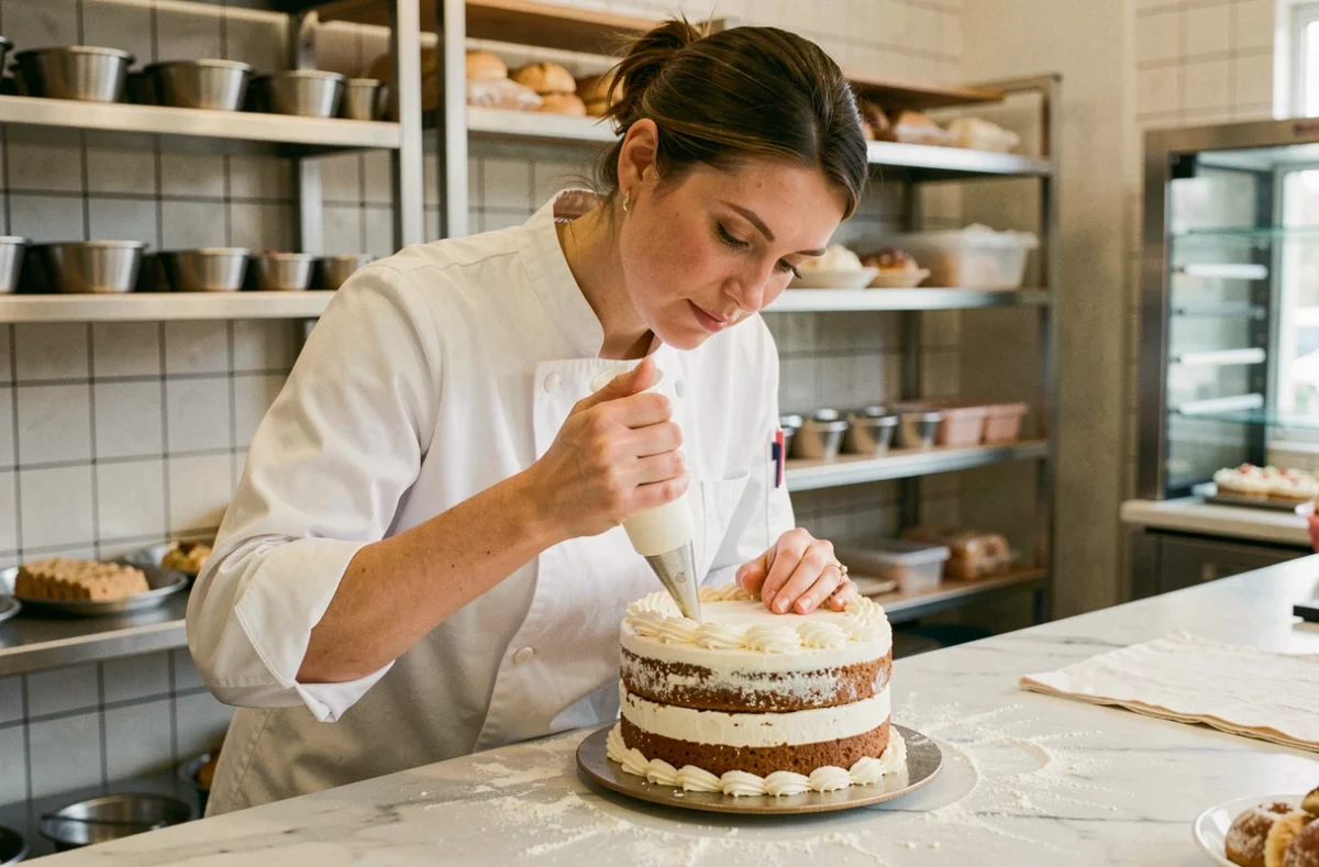 Pâtissière artisane décorant un gâteau dans sa cuisine professionnelle, métier artisanal au féminin