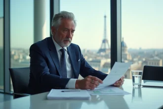 Nicolas Hieronimus style – PDG en costume marine assis en réunion dans un bureau parisien moderne, photo éditoriale réaliste