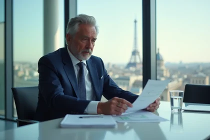 Nicolas Hieronimus style – PDG en costume marine assis en réunion dans un bureau parisien moderne, photo éditoriale réaliste