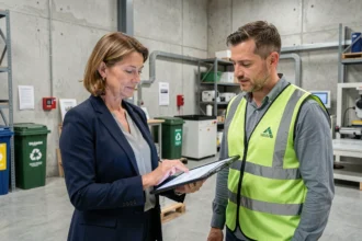 Professionnelle et ingénieur collaborant dans un atelier industriel éco-responsable en Nouvelle-Aquitaine, illustrant le réseau Pôle Eco Industrie