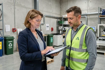 Professionnelle et ingénieur collaborant dans un atelier industriel éco-responsable en Nouvelle-Aquitaine, illustrant le réseau Pôle Eco Industrie