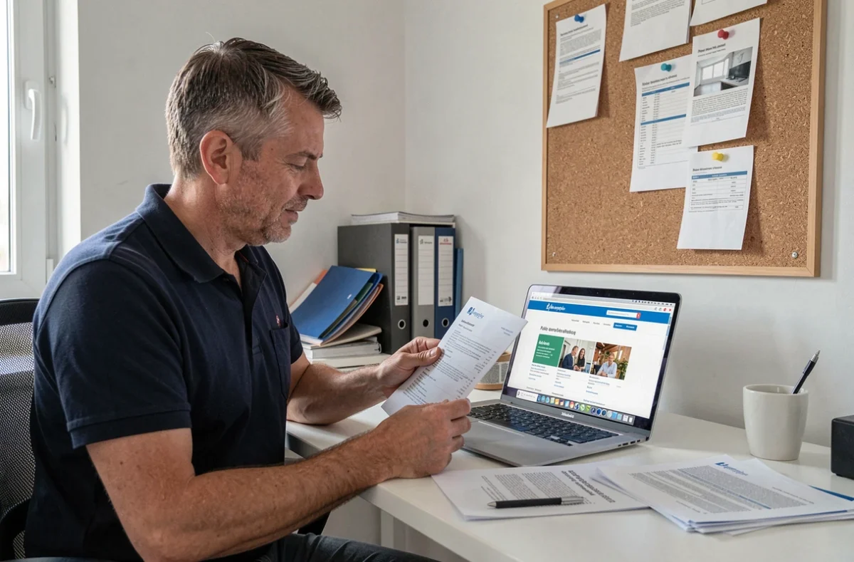 Homme consultant une offre d'emploi Pôle emploi pour un travail à domicile en emballage sur ordinateur portable