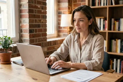 Femme travailleuse indépendante en portage salarial depuis son bureau à domicile à l'étranger, avec passeport et documents administratifs