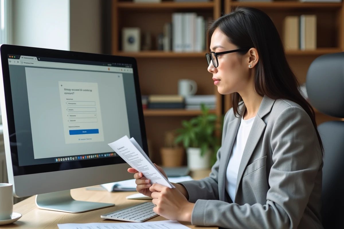 Femme suivant les étapes d'inscription sur un portail CSE depuis son bureau à domicile