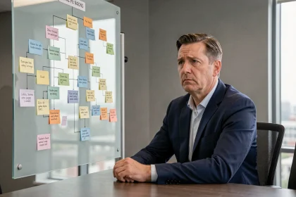 Un cadre d'entreprise confronté à un organigramme complexe, illustrant le principe de Peters et la limite des compétences professionnelles