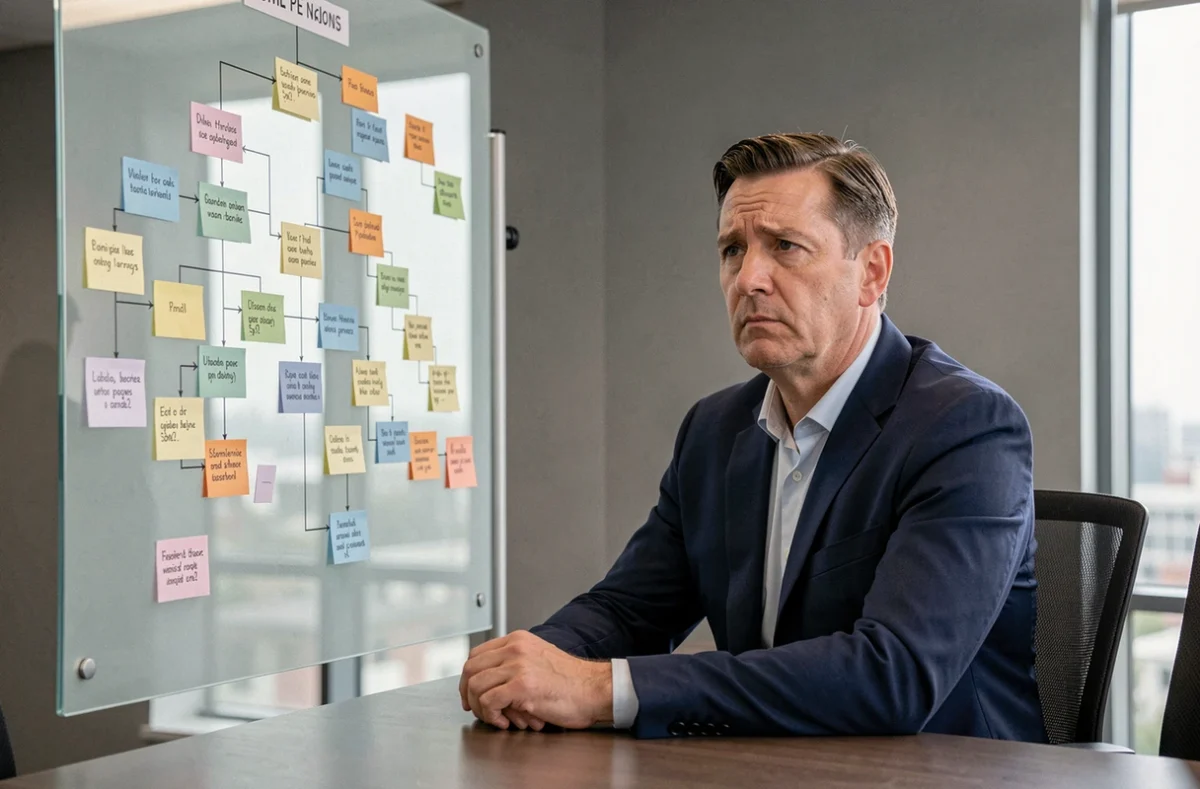 Un cadre d'entreprise confronté à un organigramme complexe, illustrant le principe de Peters et la limite des compétences professionnelles