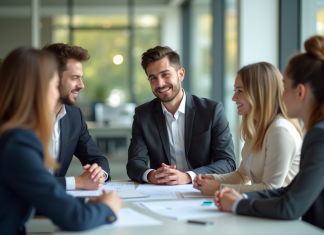 Pourquoi embaucher un diplômé de BTS tourisme peut booster votre entreprise ? Jeune professionnel en costume discutant de voyage en équipe