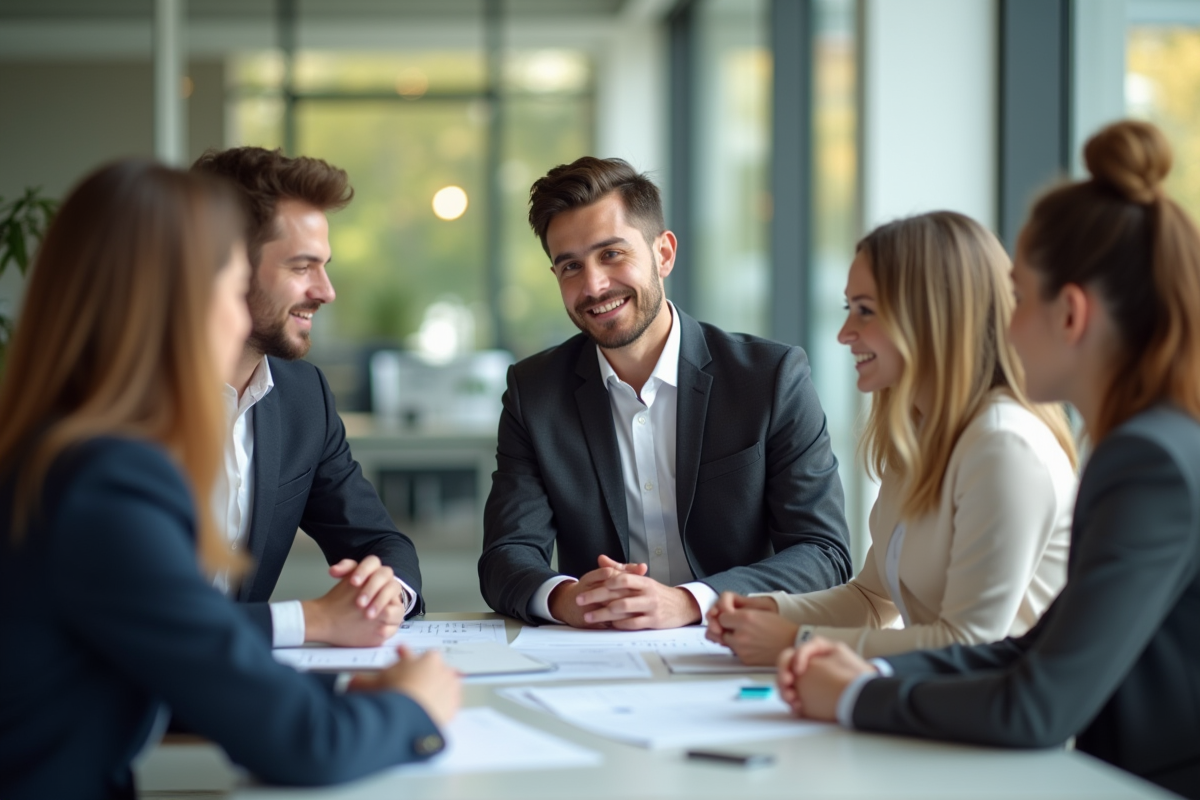 Jeune professionnel en costume discutant de voyage en équipe