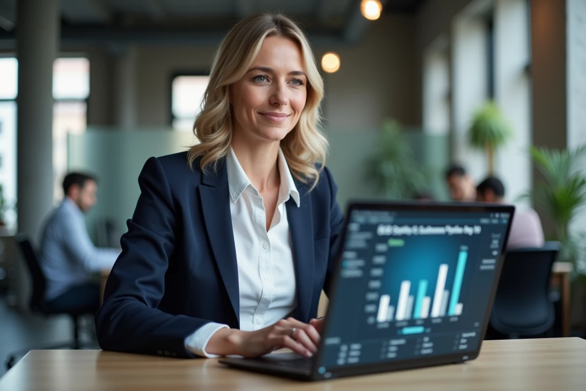 Femme professionnelle B2B analysant un tableau de bord e-commerce sur un ordinateur portable dans un bureau moderne