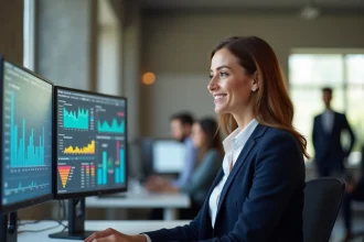 Professionnelle en marketing analysant des données clients sur un tableau de bord IA dans un open space moderne