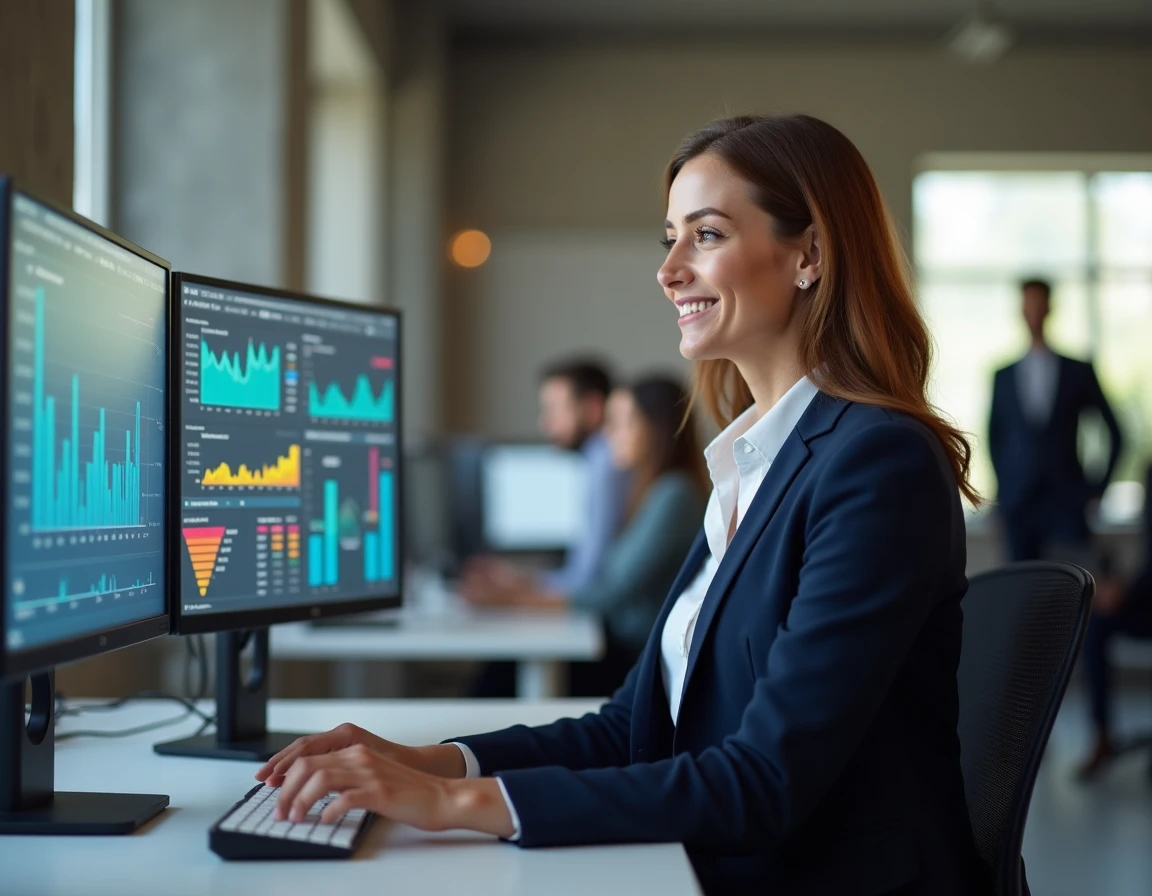 Professionnelle en marketing analysant des données clients sur un tableau de bord IA dans un open space moderne