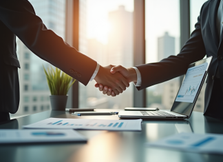 L’avenir du guichet unique : une analyse de l’INPI et Legalstart Deux professionnels se serrent la main dans un bureau moderne