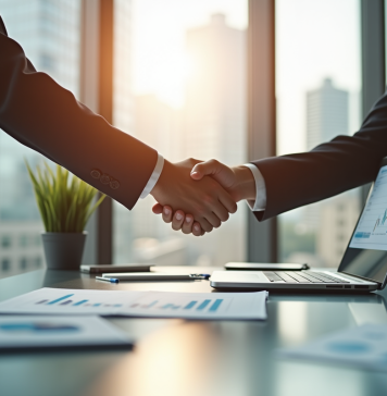 L’avenir du guichet unique : une analyse de l’INPI et Legalstart Deux professionnels se serrent la main dans un bureau moderne