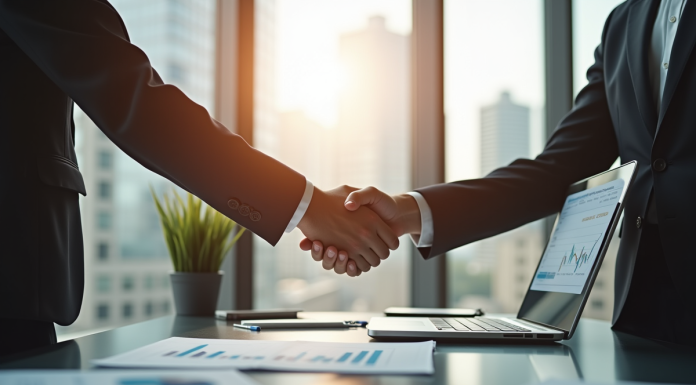 Deux professionnels se serrent la main dans un bureau moderne