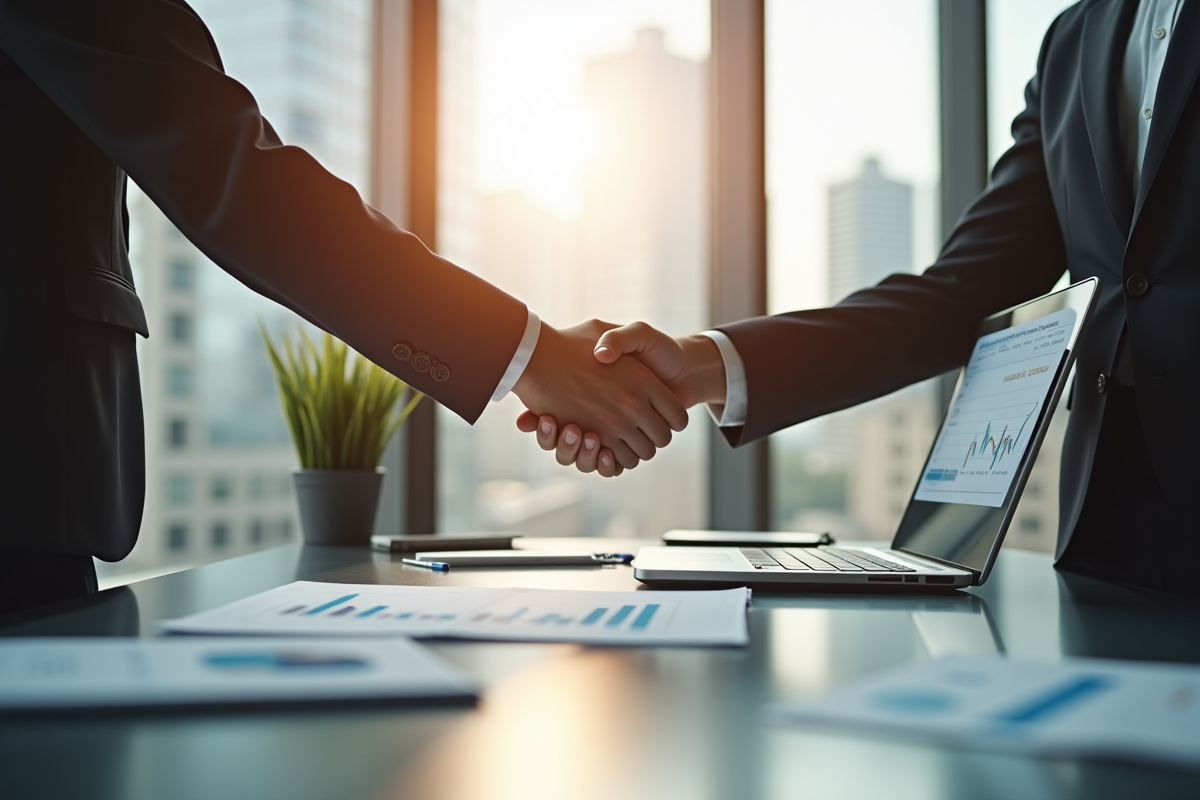 Deux professionnels se serrent la main dans un bureau moderne