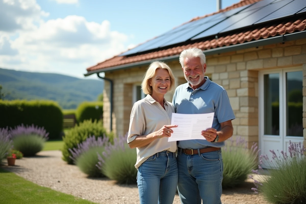 Couple de propriétaires français satisfaits examinant un devis solaire devant leur maison équipée de panneaux photovoltaïques
