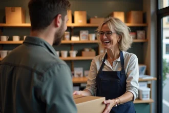 Commerçante d'un relais colis à Lyon 8 remettant un paquet à un client dans une boutique de quartier chaleureuse