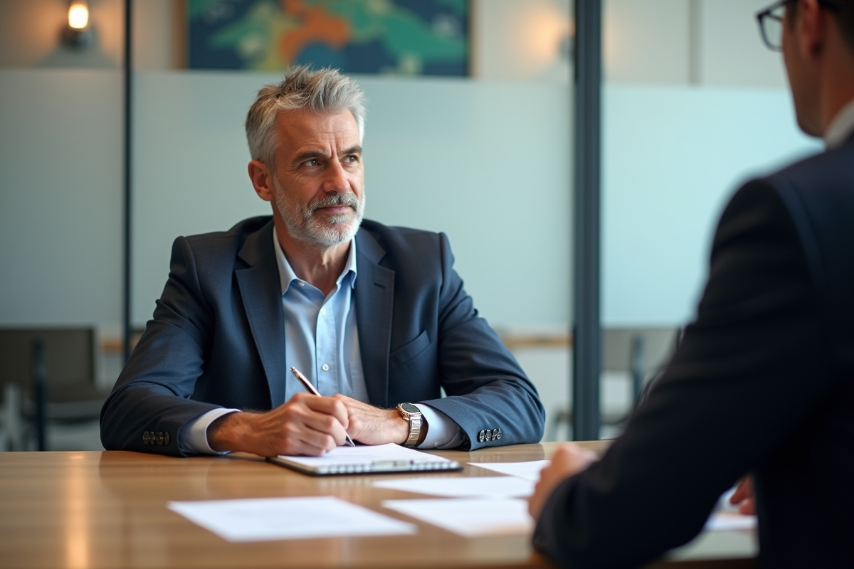 Homme d affaires en réunion avec avocat dans salle lumineuse