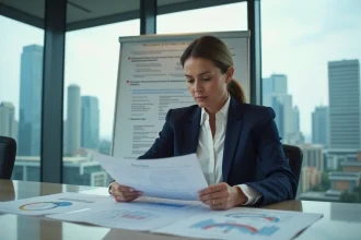 Responsable conformité analysant des documents de gestion des risques réglementaires dans une salle de réunion d'entreprise moderne