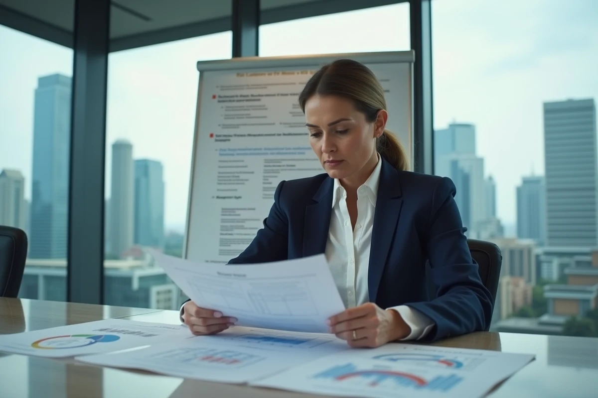 Responsable conformité analysant des documents de gestion des risques réglementaires dans une salle de réunion d'entreprise moderne