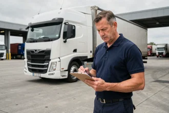 Responsable logistique devant un camion de transport de marchandises dans un dépôt industriel après rachat d'entreprise