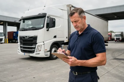 Responsable logistique devant un camion de transport de marchandises dans un dépôt industriel après rachat d'entreprise