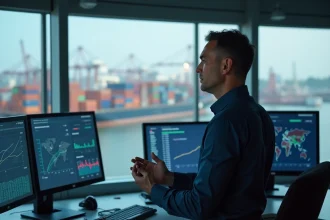 Responsable logistique consultant le tableau de bord MSC Suivi sur des écrans de contrôle dans un terminal portuaire