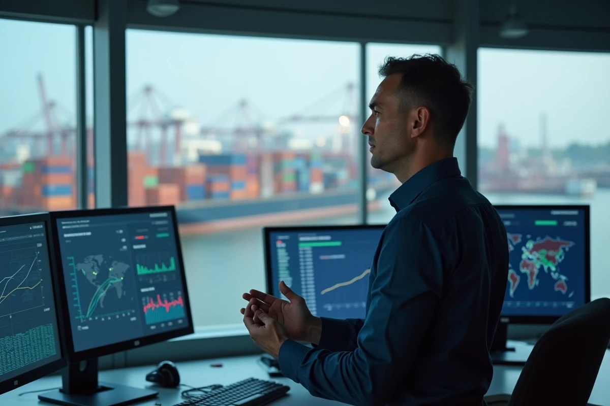 Responsable logistique consultant le tableau de bord MSC Suivi sur des écrans de contrôle dans un terminal portuaire