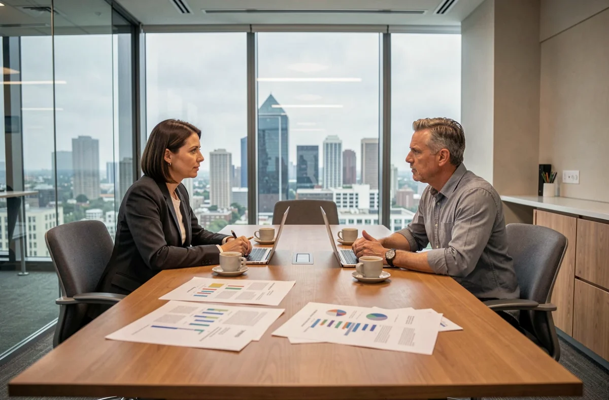 Deux professionnels en réunion comparant les stratégies d'une agence média traditionnelle face à une agence comme Maxus autour d'un plan média imprimé