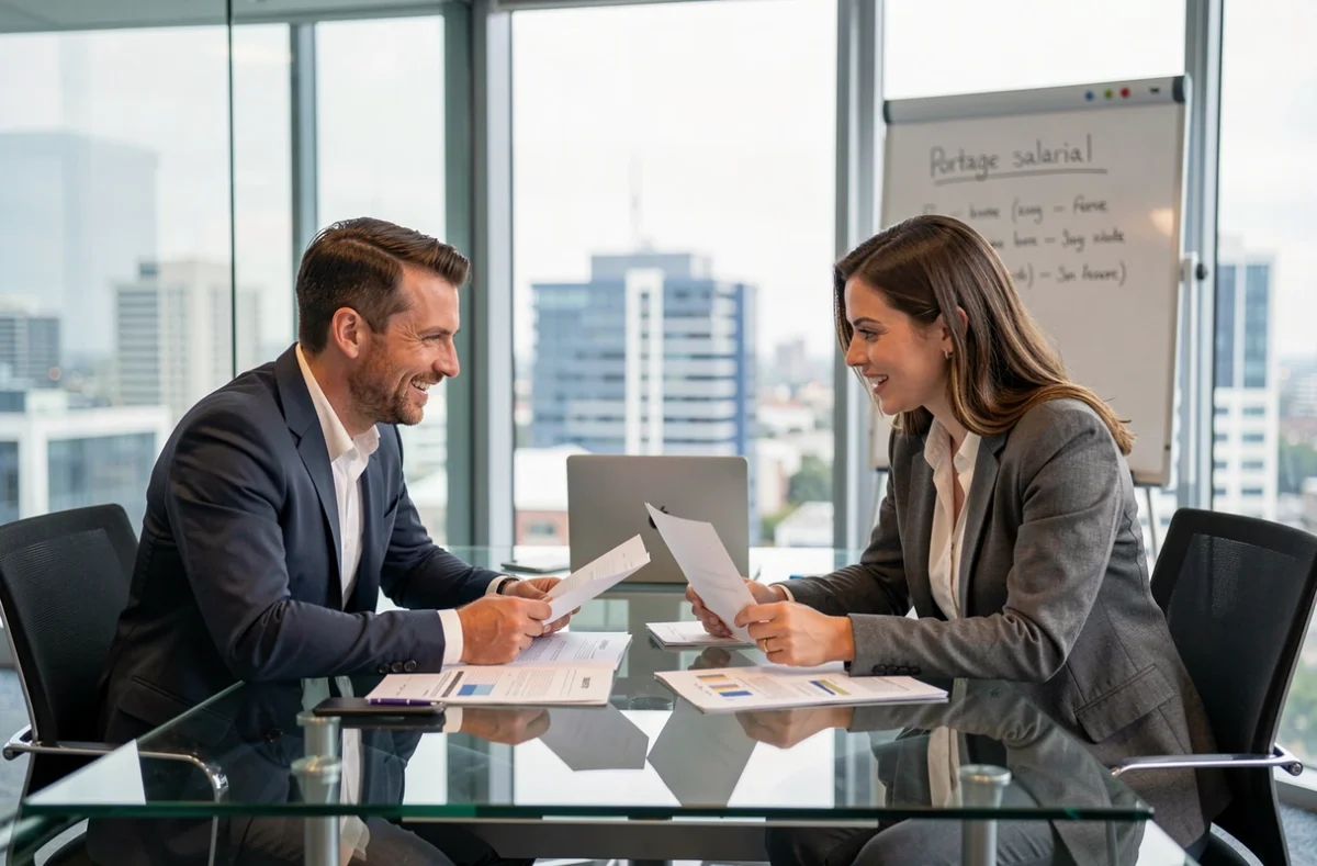 Réunion entre un consultant freelance et un conseiller en portage salarial dans une salle de réunion moderne