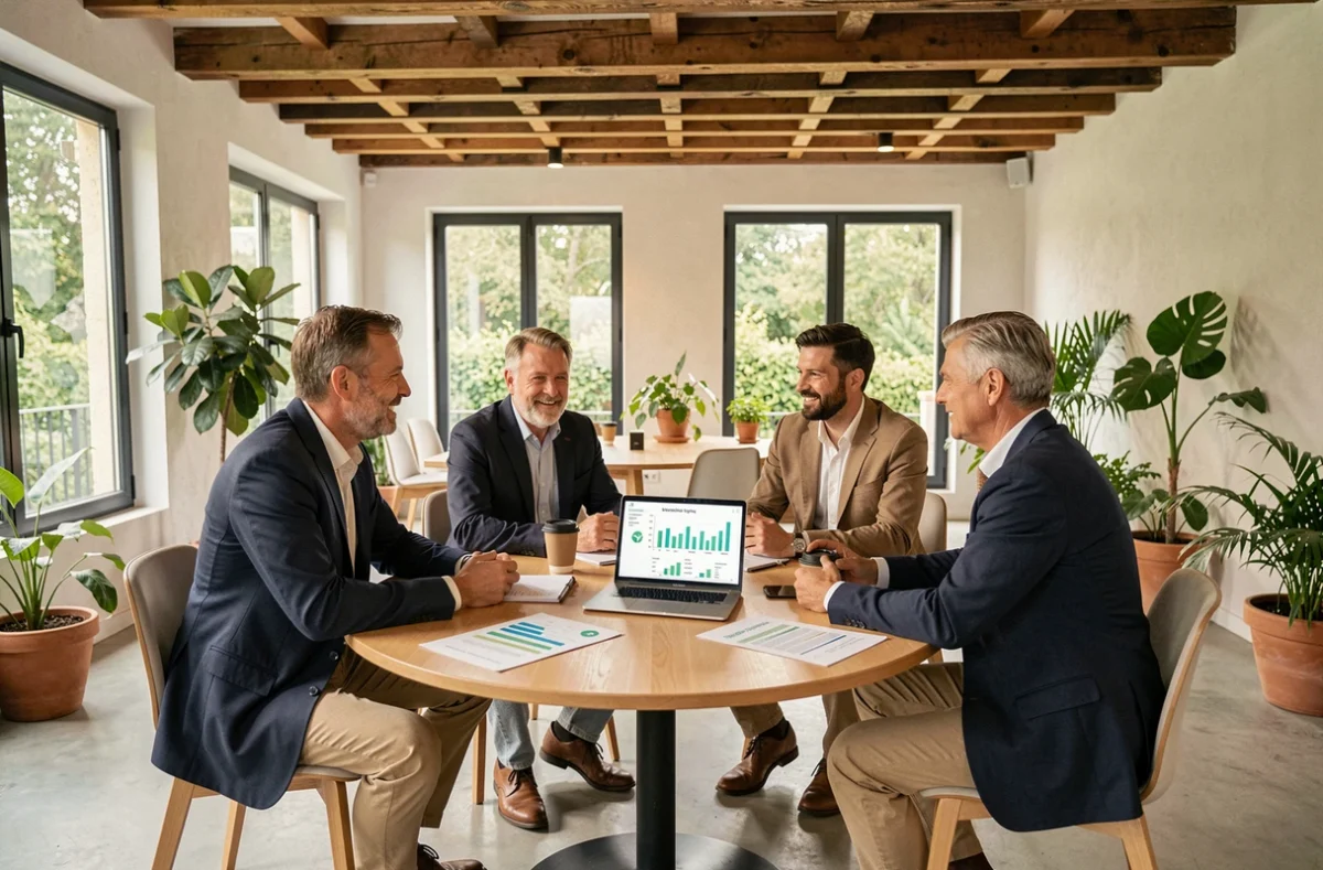 Réunion de professionnels d'éco-entreprises autour d'une table dans un espace de coworking à Bordeaux, dans le cadre du réseau Pôle Eco Industrie Nouvelle-Aquitaine