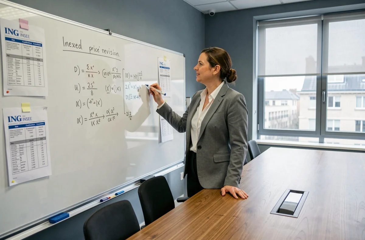 Professionnelle expliquant les formules de révision de prix avec l'index ING INSEE lors d'une réunion de marché public