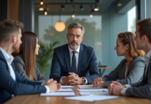 Manager en costume lors d'une réunion d'équipe en bureau moderne