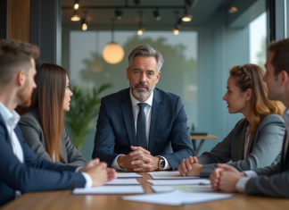 Responsabilité de l’employeur : quelle importance et obligations ? Manager en costume lors d'une réunion d'équipe en bureau moderne