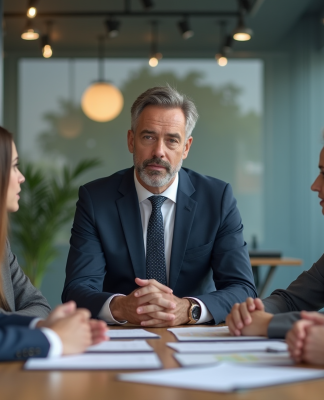 Manager en costume lors d'une réunion d'équipe en bureau moderne