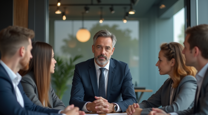 Manager en costume lors d'une réunion d'équipe en bureau moderne