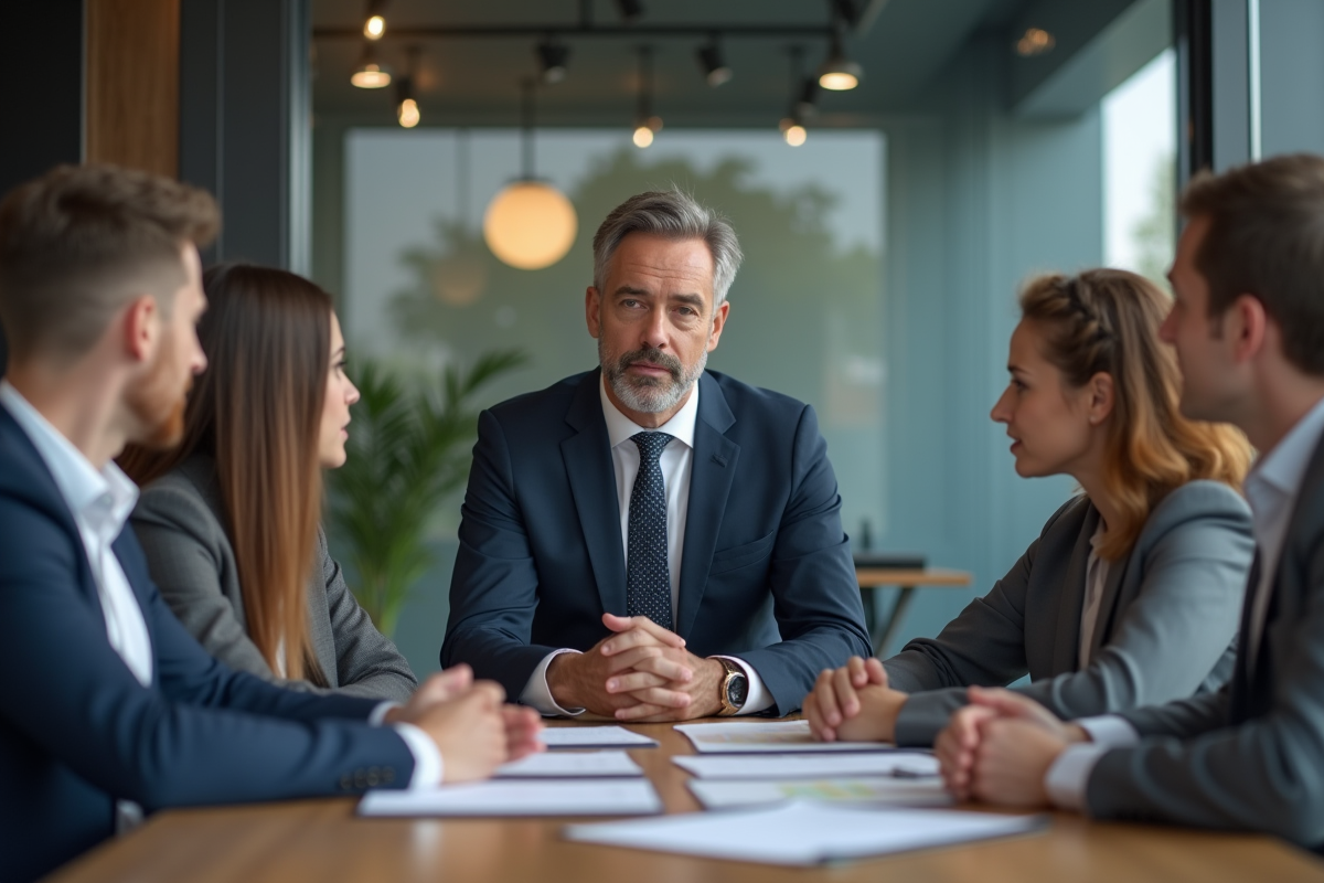Manager en costume lors d'une réunion d'équipe en bureau moderne