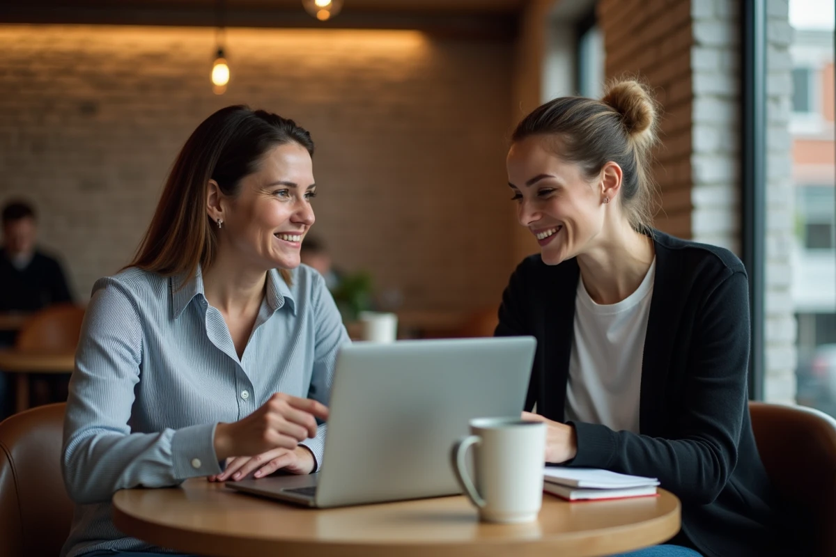 Deux femmes discutant des différences entre espace client et espace consultant PartyLite dans un café