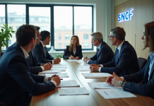 Réunion professionnelle dans un bureau moderne avec logo SNCF