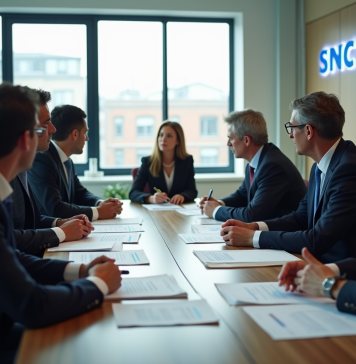 Réunion professionnelle dans un bureau moderne avec logo SNCF
