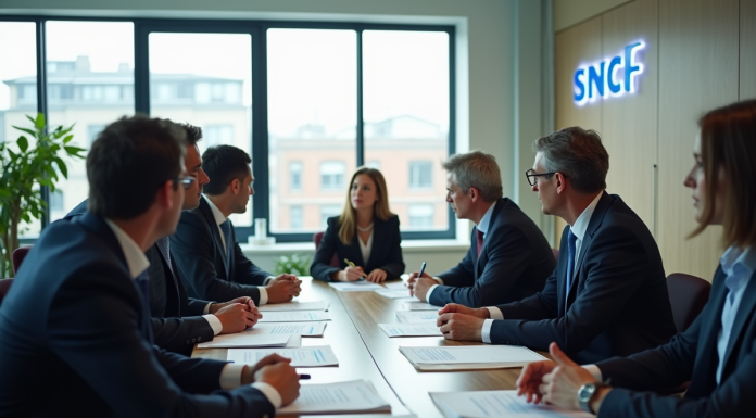 Réunion professionnelle dans un bureau moderne avec logo SNCF
