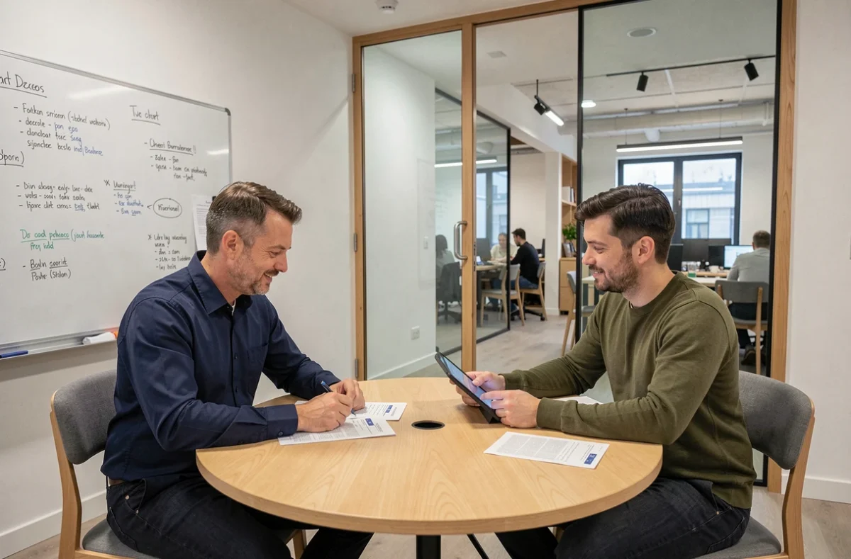 Deux professionnels en réunion dans une salle privée d'un espace de coworking à Chantilly