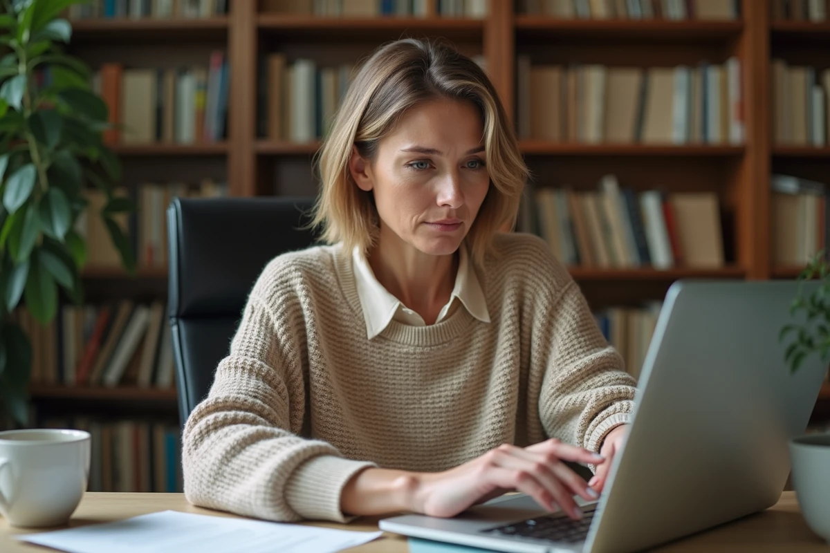 Femme à temps partiel lisant une lettre de rupture conventionnelle dans son bureau à domicile