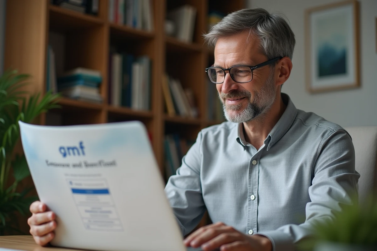 Salarié GMF lisant le guide des offres comité d'entreprise 2026 depuis son bureau à domicile