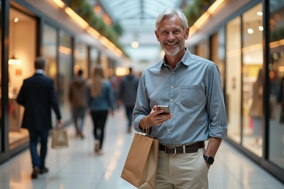 Salarié LOXAM utilisant une application de réductions CSE dans un centre commercial