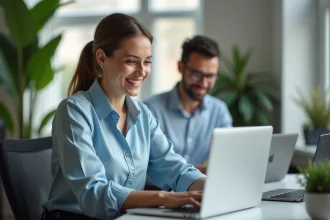 Salariée consultant son compte d'avantages en ligne sur un ordinateur portable dans un bureau moderne