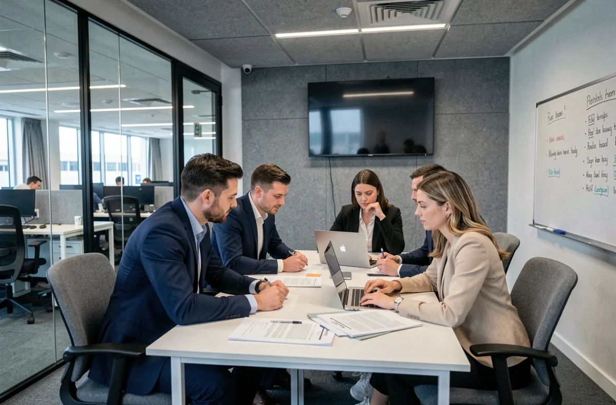 Salle de réunion vitrée dans un espace de coworking près de l'aéroport d'Orly avec des collaborateurs en réunion de travail