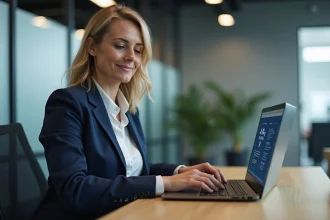 Femme professionnelle sécurisant son compte Arkevia sur un ordinateur portable en entreprise